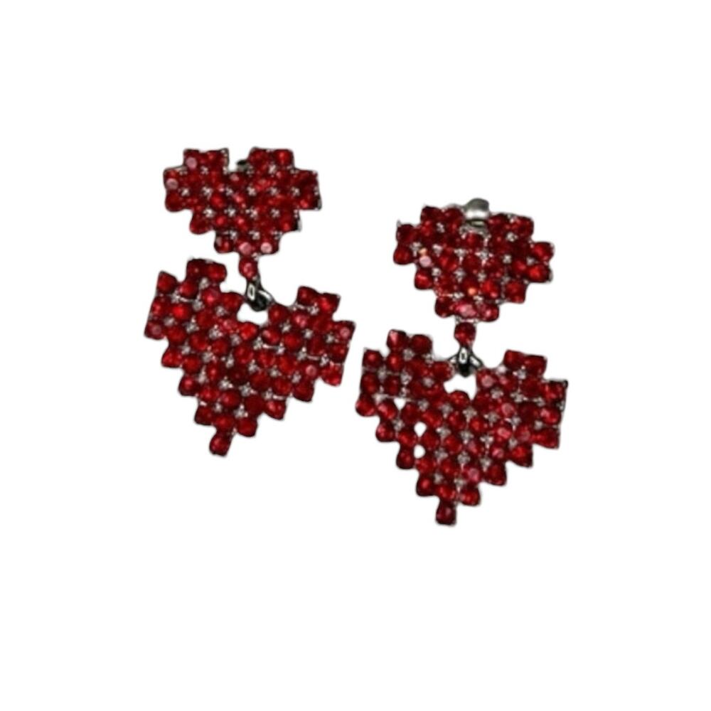 Handmade Red Rhinestone Double Heart Drop Earrings